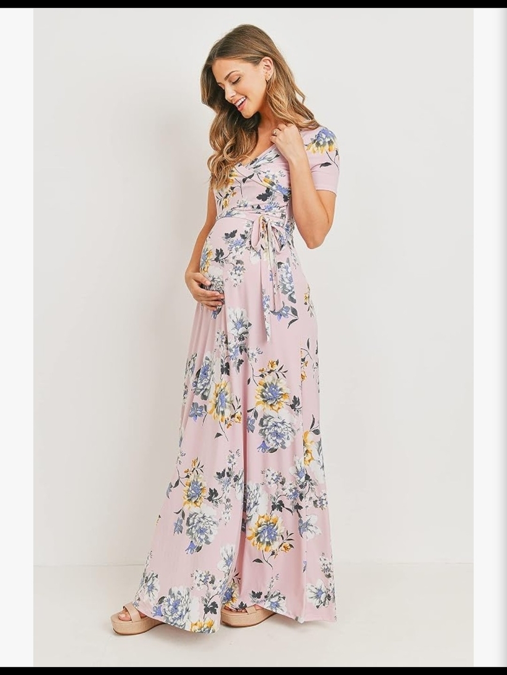 Women's Faux Wrap Maternity Maxi Dress with Adjustable Belt, Medium